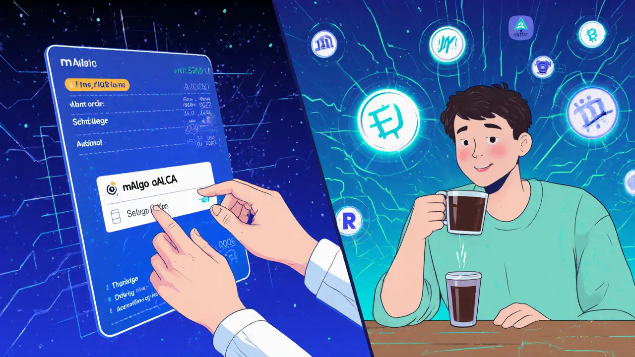 A trader sets a limit order and DCA schedule on a holographic interface while mALGO tokens float freely.