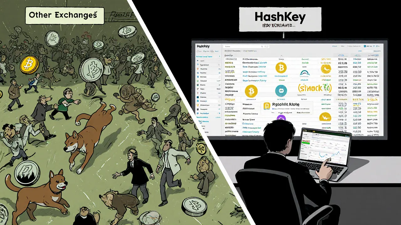 Calm HashKey trading desk with only approved coins vs. chaotic memecoin frenzy on the other side.