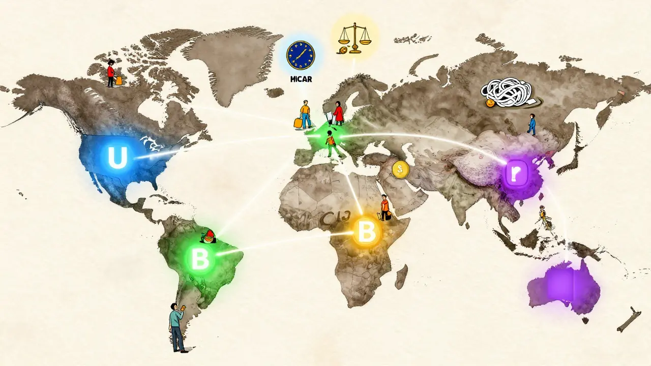 Global map showing crypto regulation pathways connecting U.S., Asia, and emerging markets with financial inclusion.