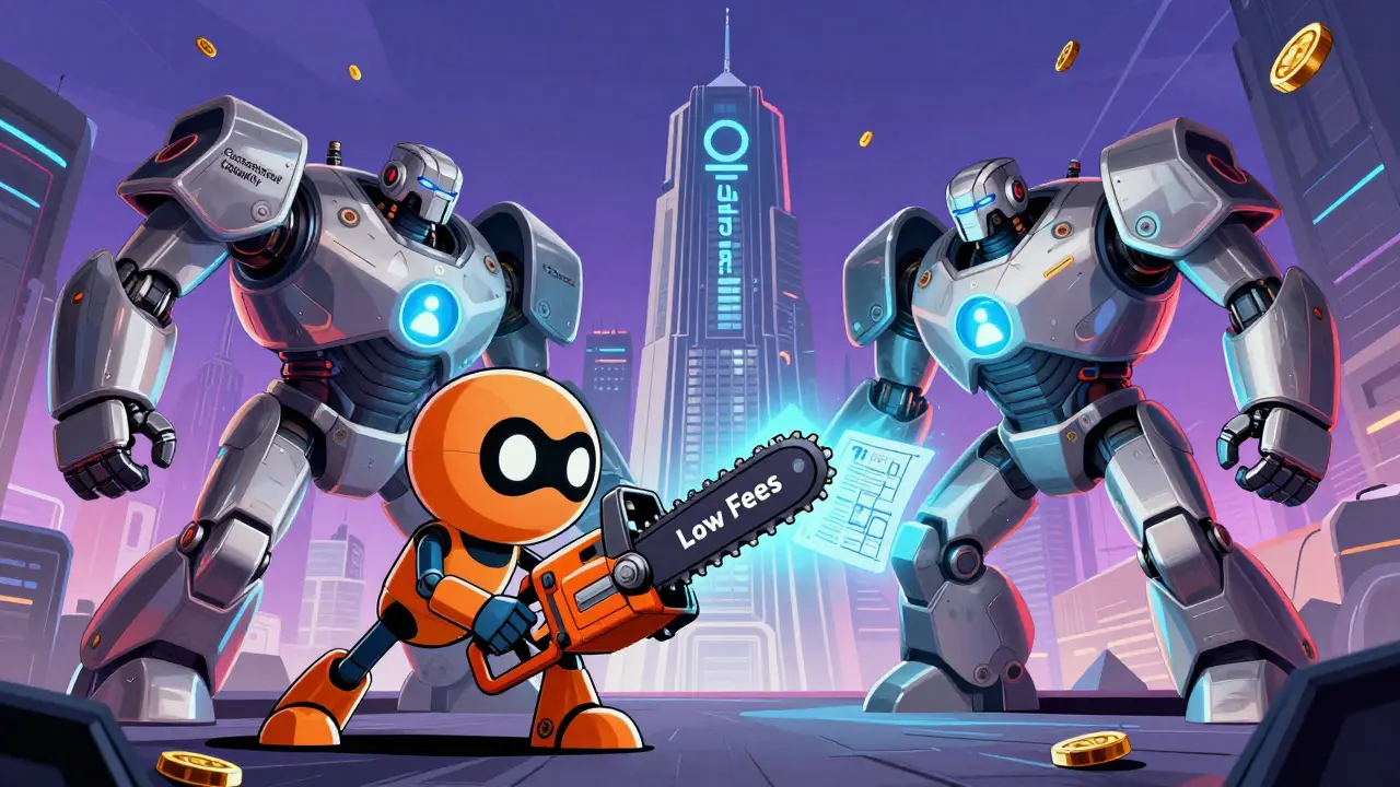 LaserSwap robot with chainsaw battles Aerodrome giant, Coinbase tower looming, v2 blueprint glowing.