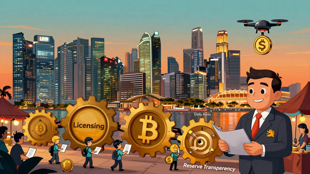Singapore&#039;s crypto hub with token-shaped towers and transparent reserve systems glowing under city lights.