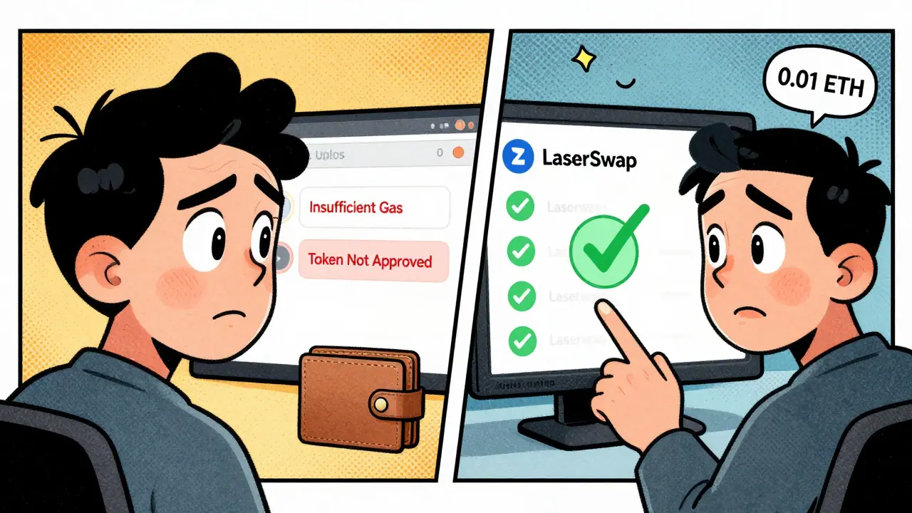 Split comic panel: confused beginner vs. smooth trader on LaserSwap, showing gas errors and low fees.