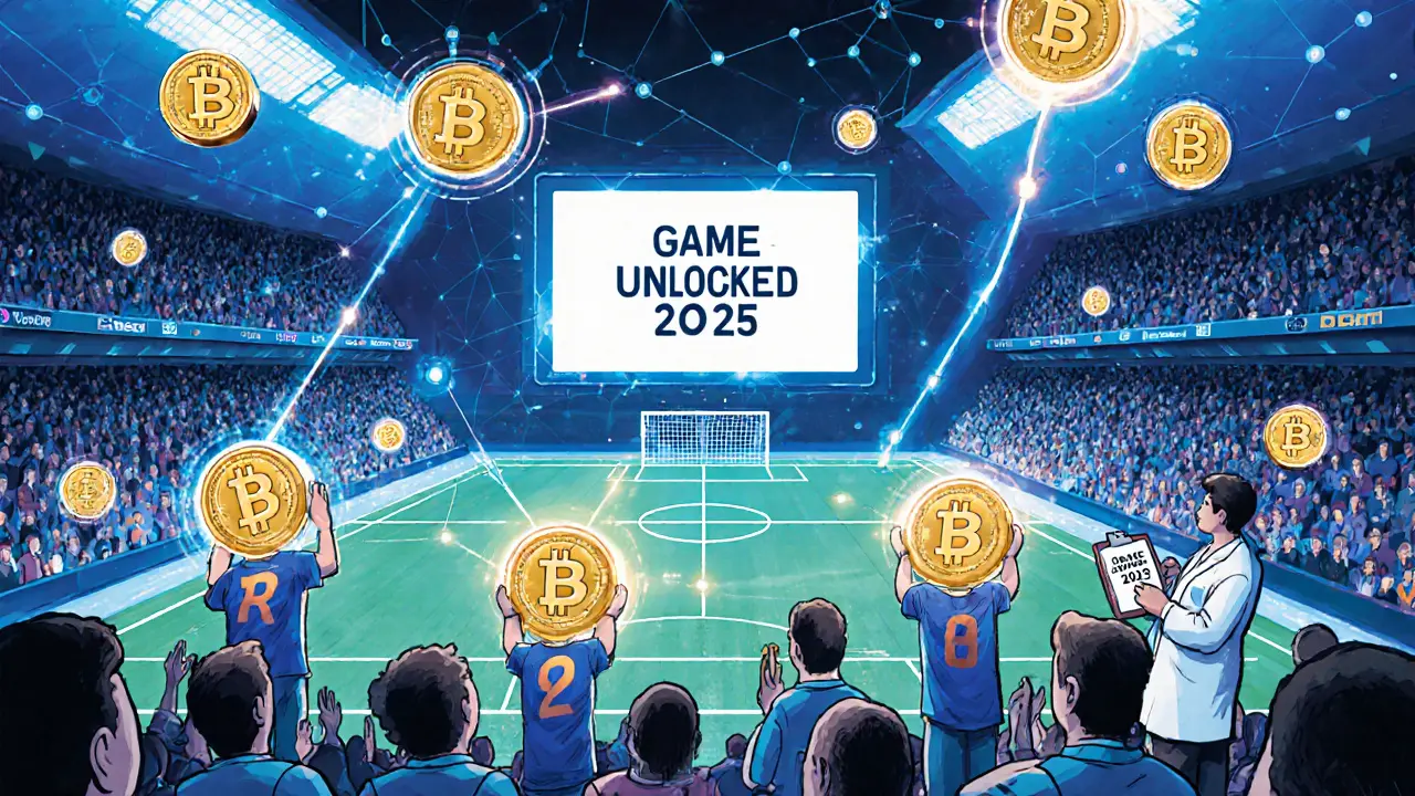 A blockchain-stadium glows with NFTs as fans hold rare digital cards under a scoreboard reading &#039;GAME UNLOCKED&#039;.