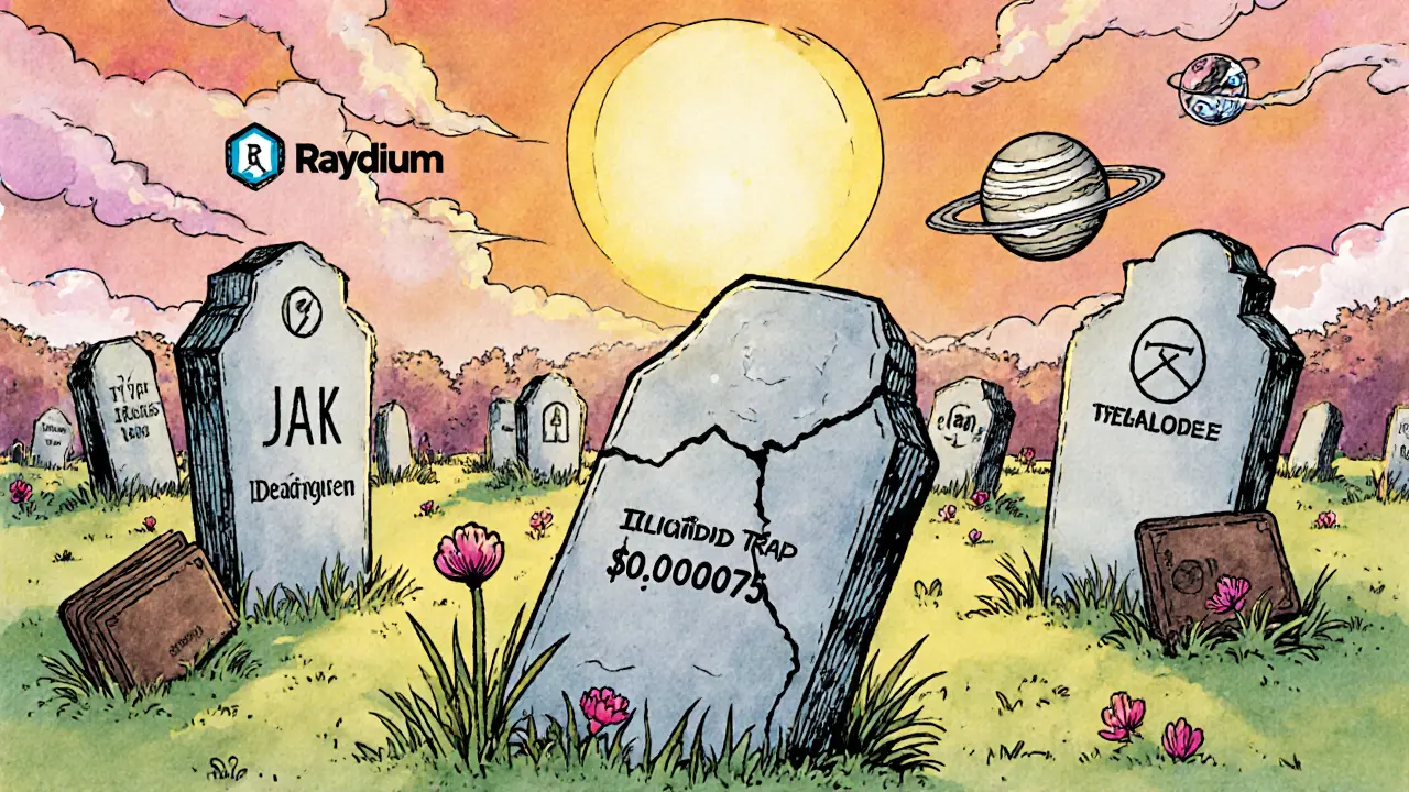 A crypto graveyard with JAK&#039;s tombstone among others, while thriving projects shine in the distance.