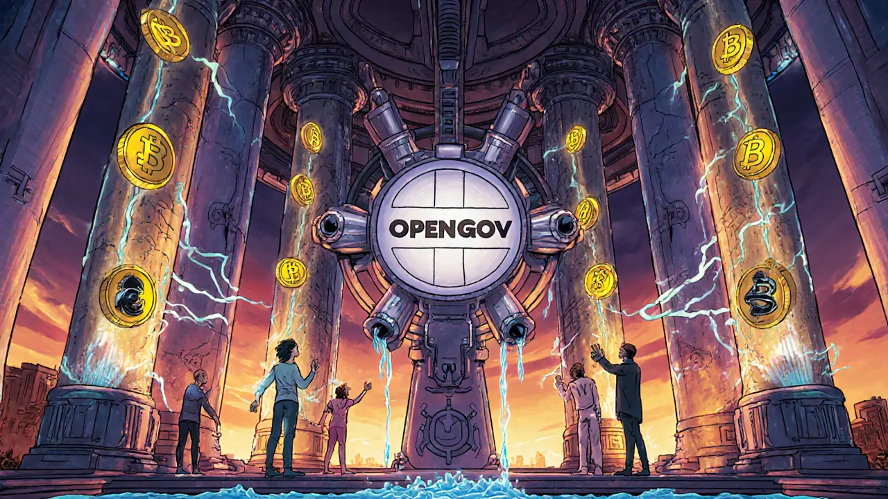 A futuristic DeFi temple with BNC tokens powering a voting wheel for governance.