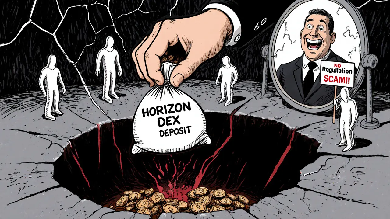 A hand drops crypto coins into a dark pit labeled &#039;Horizon Dex&#039; as ghostly users vanish above.