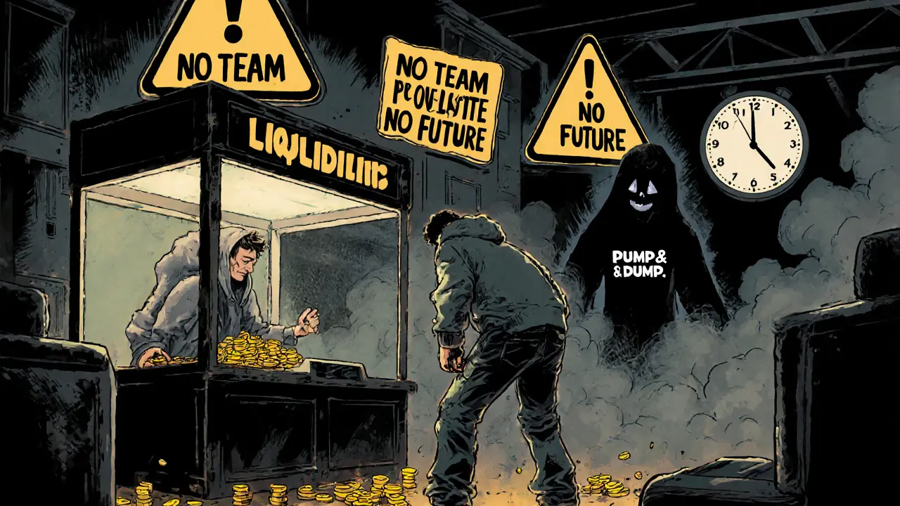 A lone trader tries to buy JAK at an empty booth while giant warning signs loom behind.