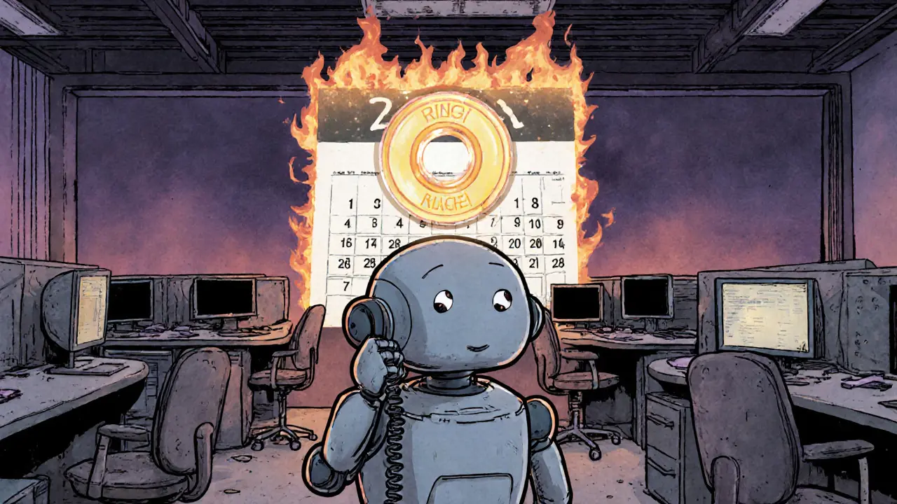 A lonely AI robot waits in an empty call center with a glowing RING token as its only light.