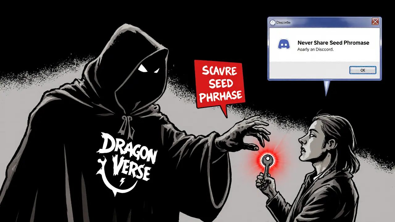 A scammer trying to steal a private key while a warning notification appears.