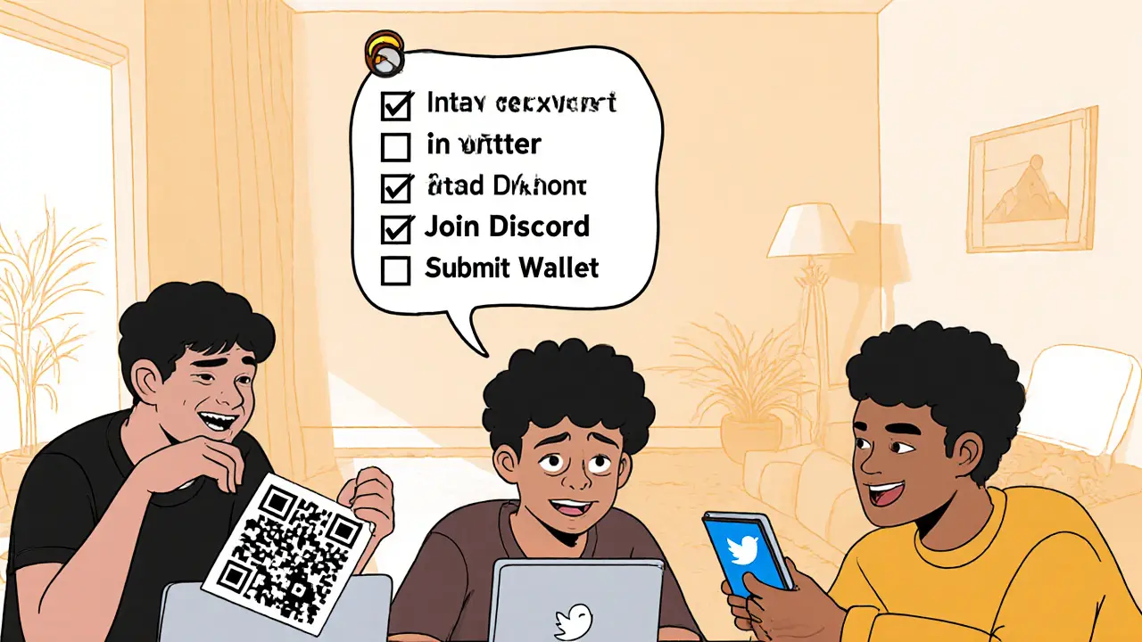 Players completing airdrop tasks on laptops with a floating checklist of steps.