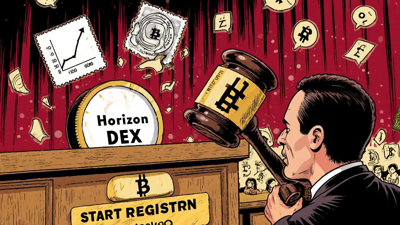 The Horizon Dex logo is on trial surrounded by evidence of fraud, with a blockchain-shaped gavel banging down.