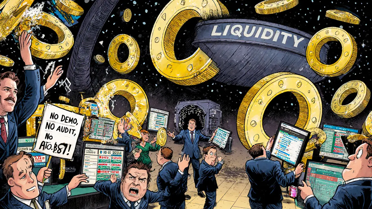 Traders scramble to buy RING tokens on mismatched exchange screens in a chaotic crypto floor.