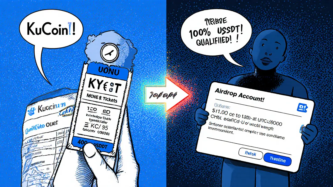 Two comic panels showing users qualifying for BNC airdrops on LBank and KuCoin.