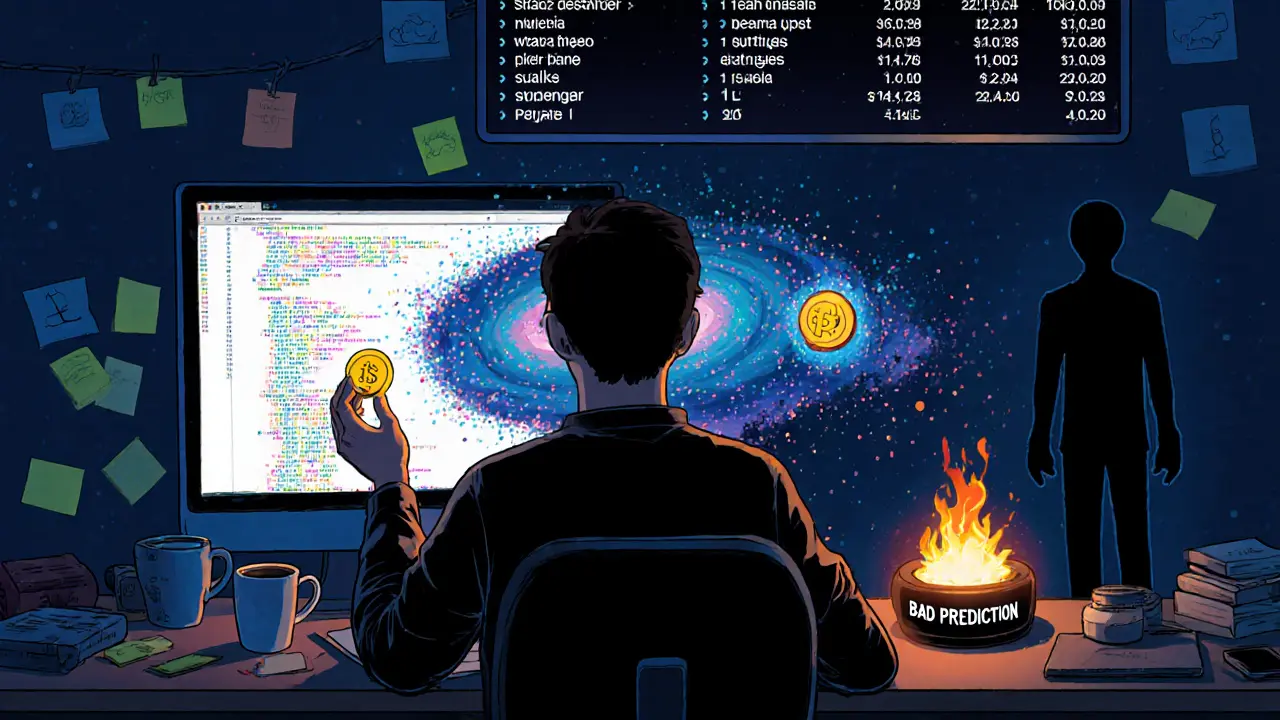 A coder staking an NMR token as their prediction model transforms into a data galaxy, with a burned token falling into oblivion.