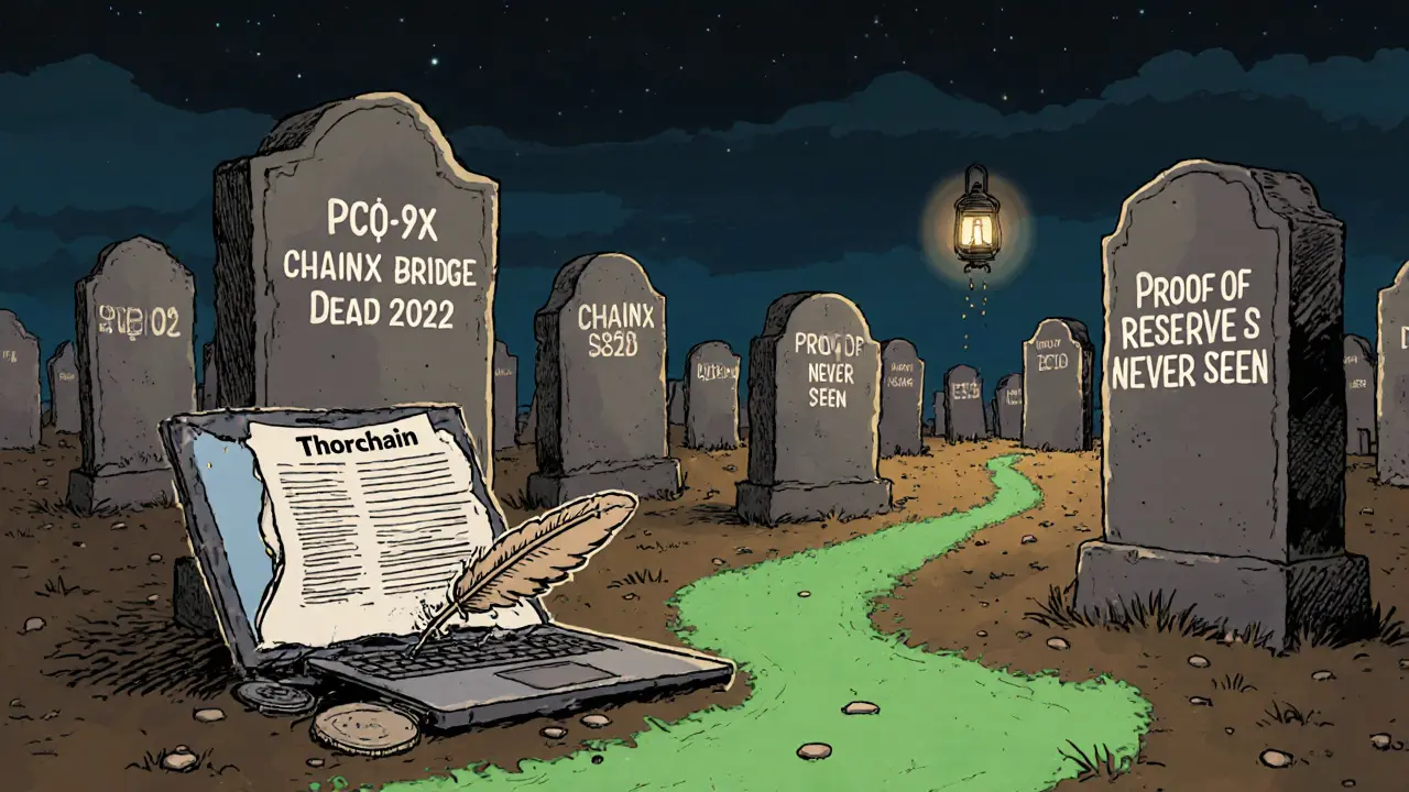 A crypto token graveyard with tombstones for PCX and ChainX, under a twilight sky, while a distant lantern labeled &#039;Thorchain&#039; glows.