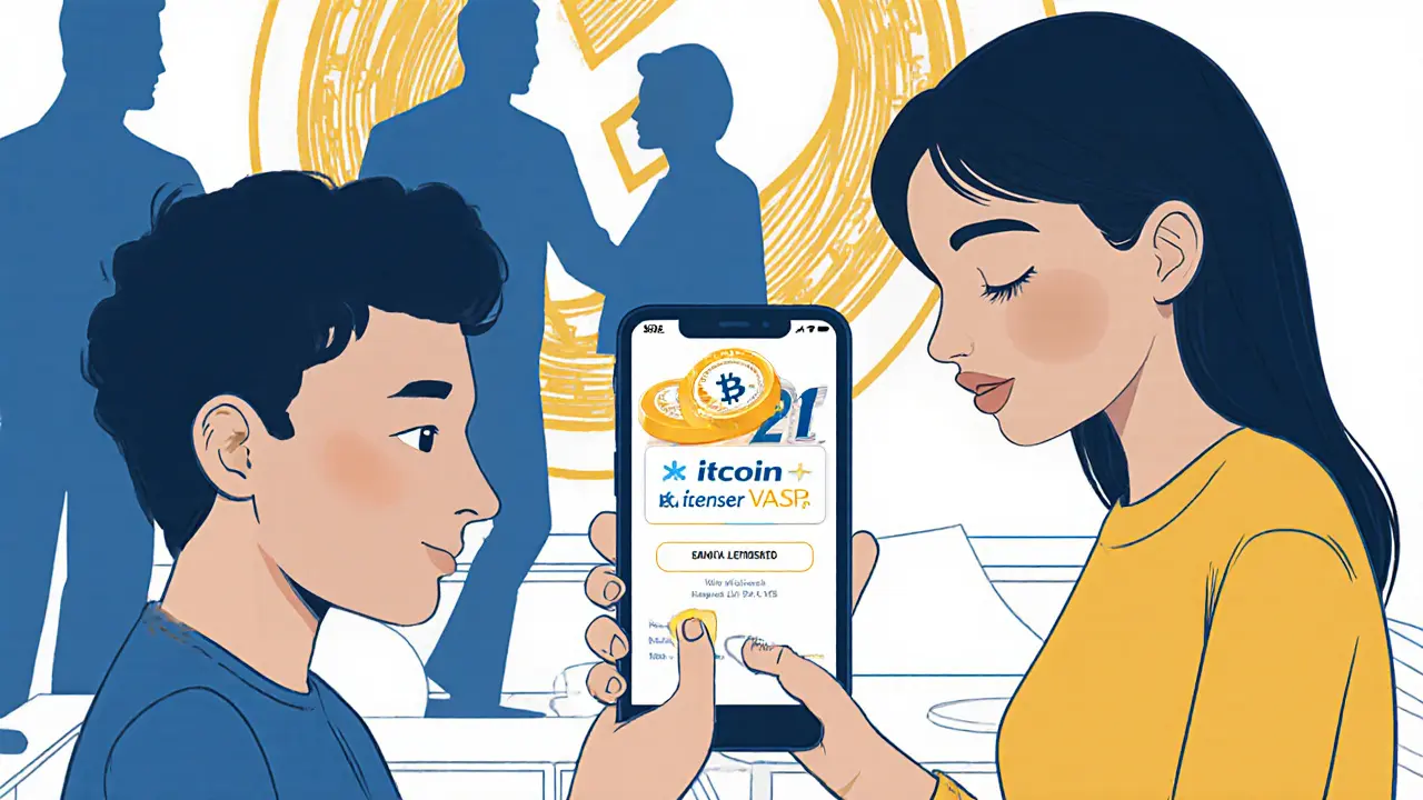 A family safely buys crypto through a licensed platform, with fading underground traders visible in the background.