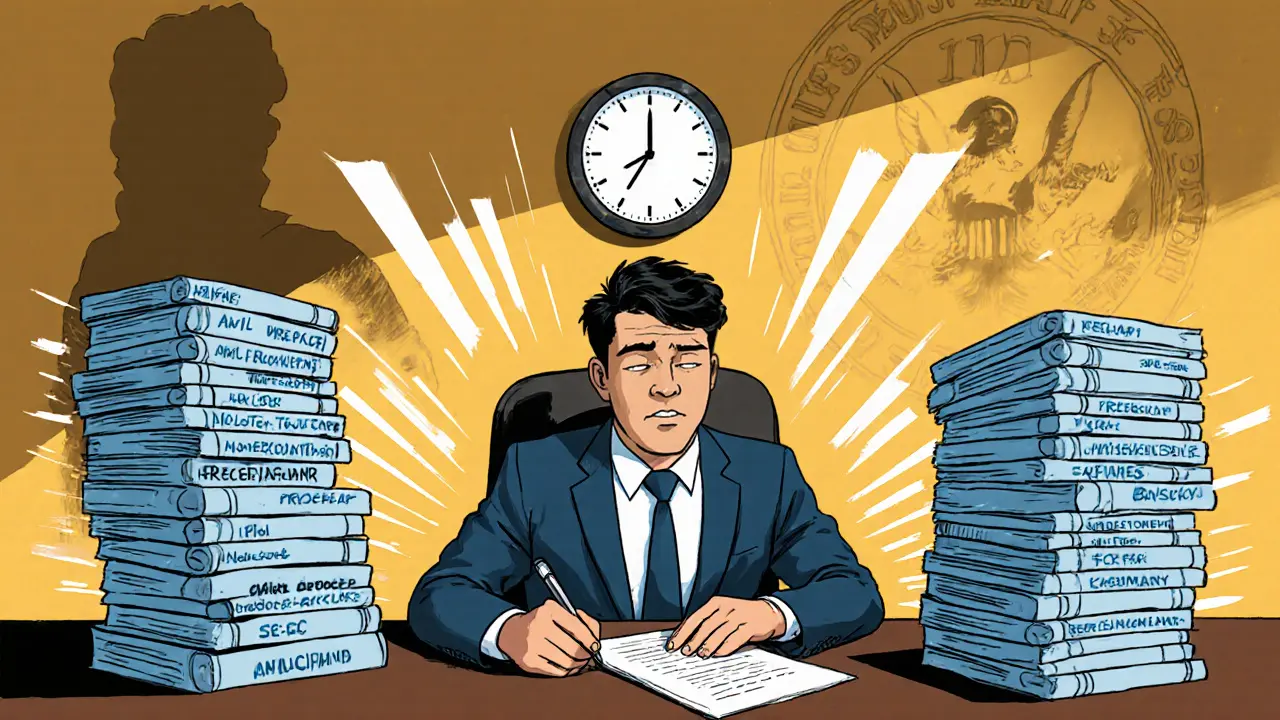 A foreign CEO signs compliance papers in Bangkok, surrounded by legal documents and a looming SEC emblem.