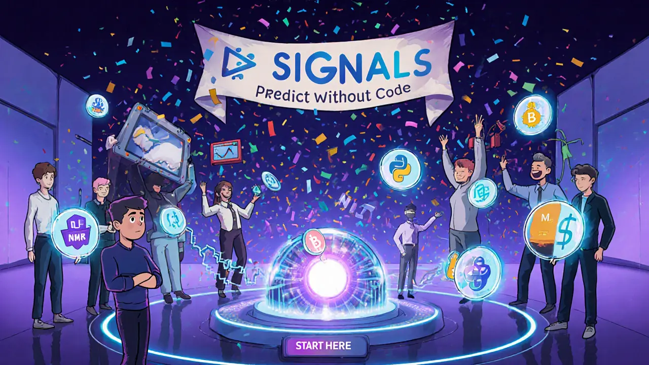 A futuristic AI hedge fund with floating NMR tokens and holograms, as a newcomer begins their journey with a single token.