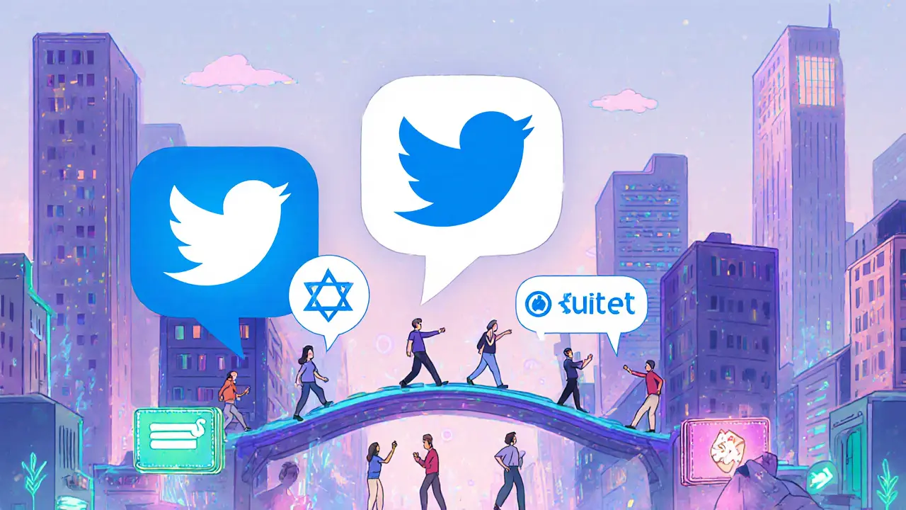 A futuristic city where people exchange crypto using @handles as floating speech bubbles, no NFTs visible.