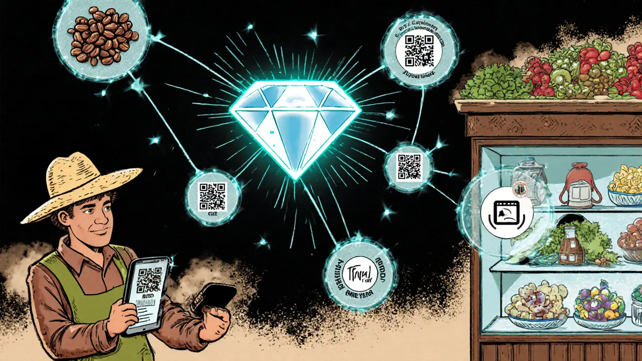 A glowing blockchain web links a coffee farm to a grocery store, showing verified fair-trade data with QR codes and icons.