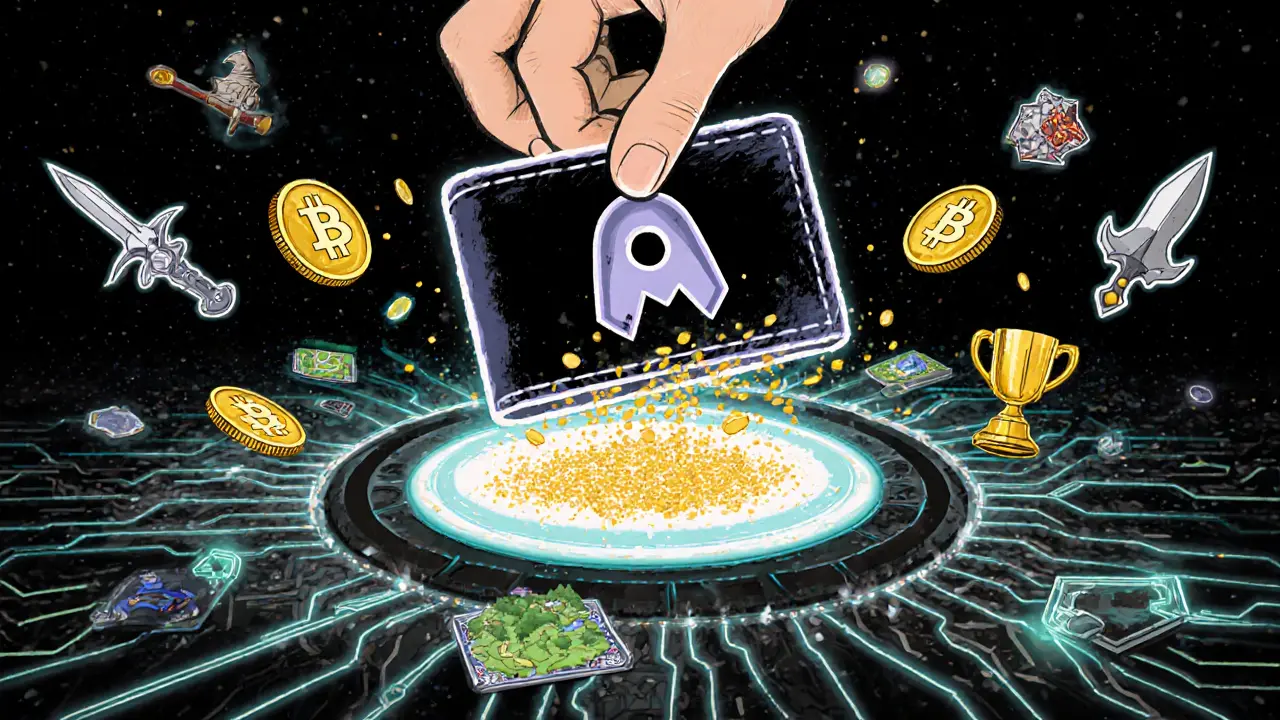 A hand inserting a Solana wallet into a portal, with EKS tokens flowing into a game interface.