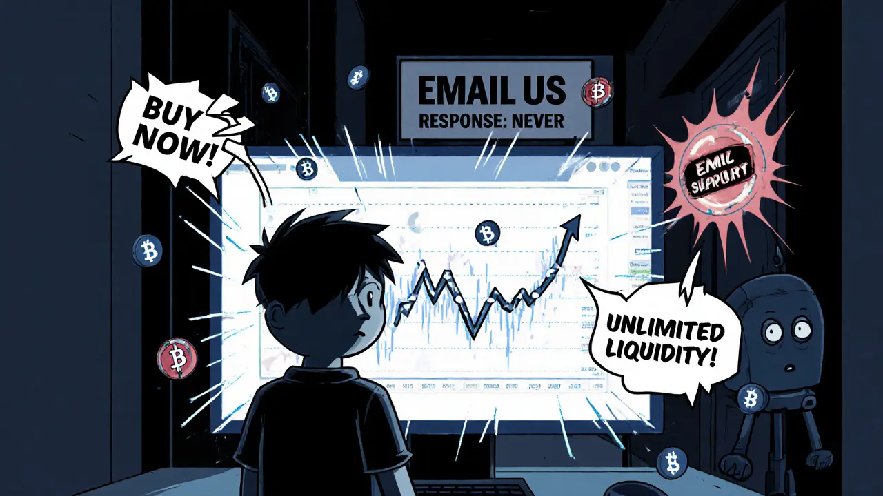 A lonely user faces a glitching screen of fake crypto charts, surrounded by bot speech bubbles and a &#039;Support: Never&#039; sign.