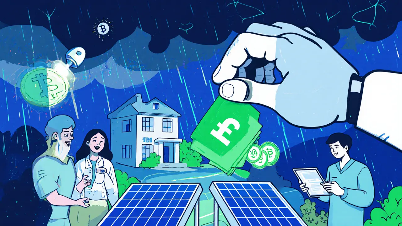 A robotic hand pays a homeowner for solar energy during a storm, while a patient shares medical records and neighbors trade power.