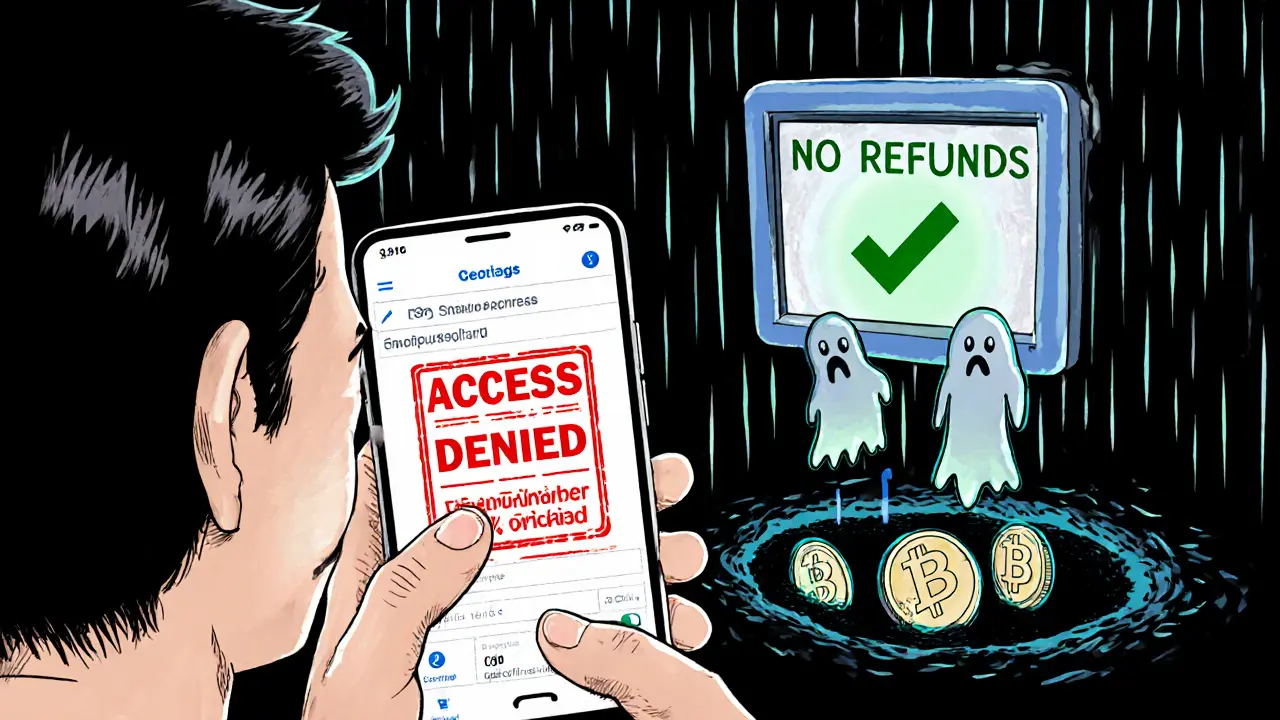 A Thai user watches crypto coins vanish into a black hole as a blocked exchange app displays &#039;ACCESS DENIED&#039;.