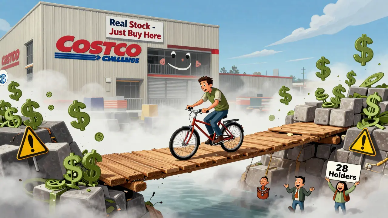 A tiny bicycle labeled COSTon crosses a crumbling blockchain bridge over a chasm of dollar signs and SEC warnings.