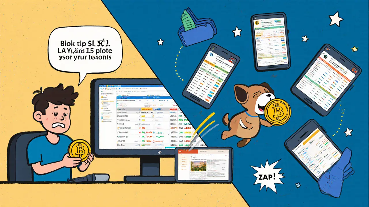 A trader frustrated with high Ethereum fees on one side, happily trading DOGEVERSE across six chains on the other.