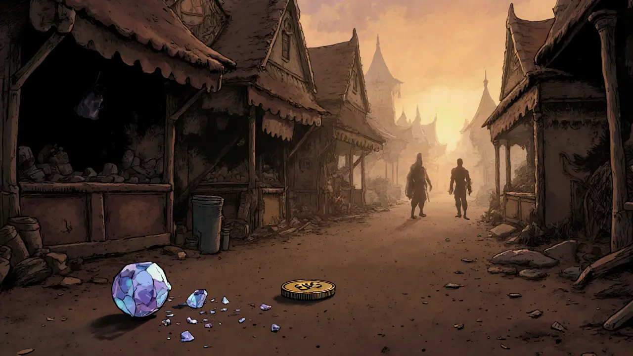 An abandoned game marketplace with a single EKS token rolling on the ground at sunset.