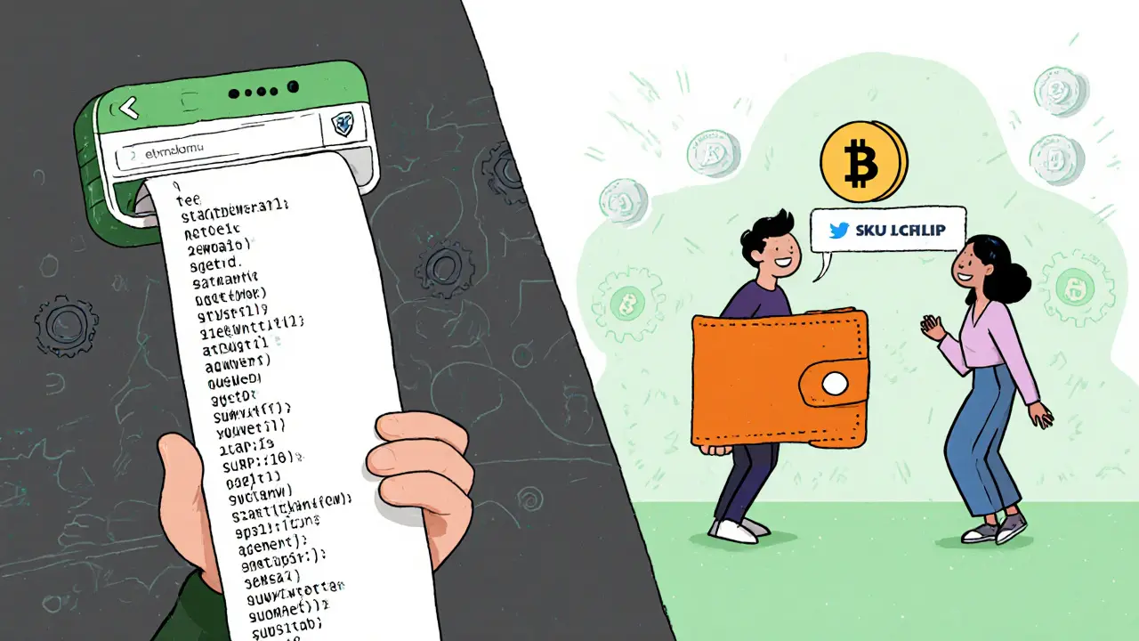 Contrasting confusing crypto addresses with simple handle-based payments in a comic-style split scene.