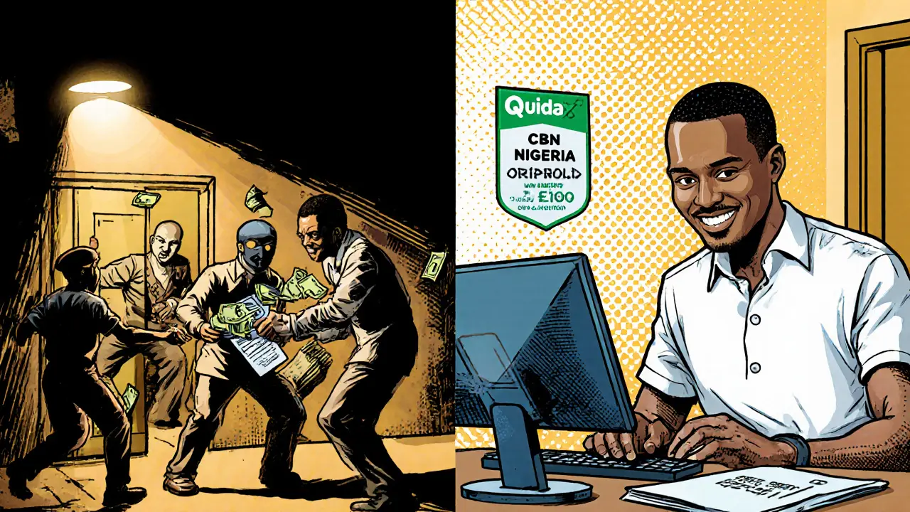 Contrasting scenes: chaotic P2P trade vs. safe licensed exchange with EFCC intervention