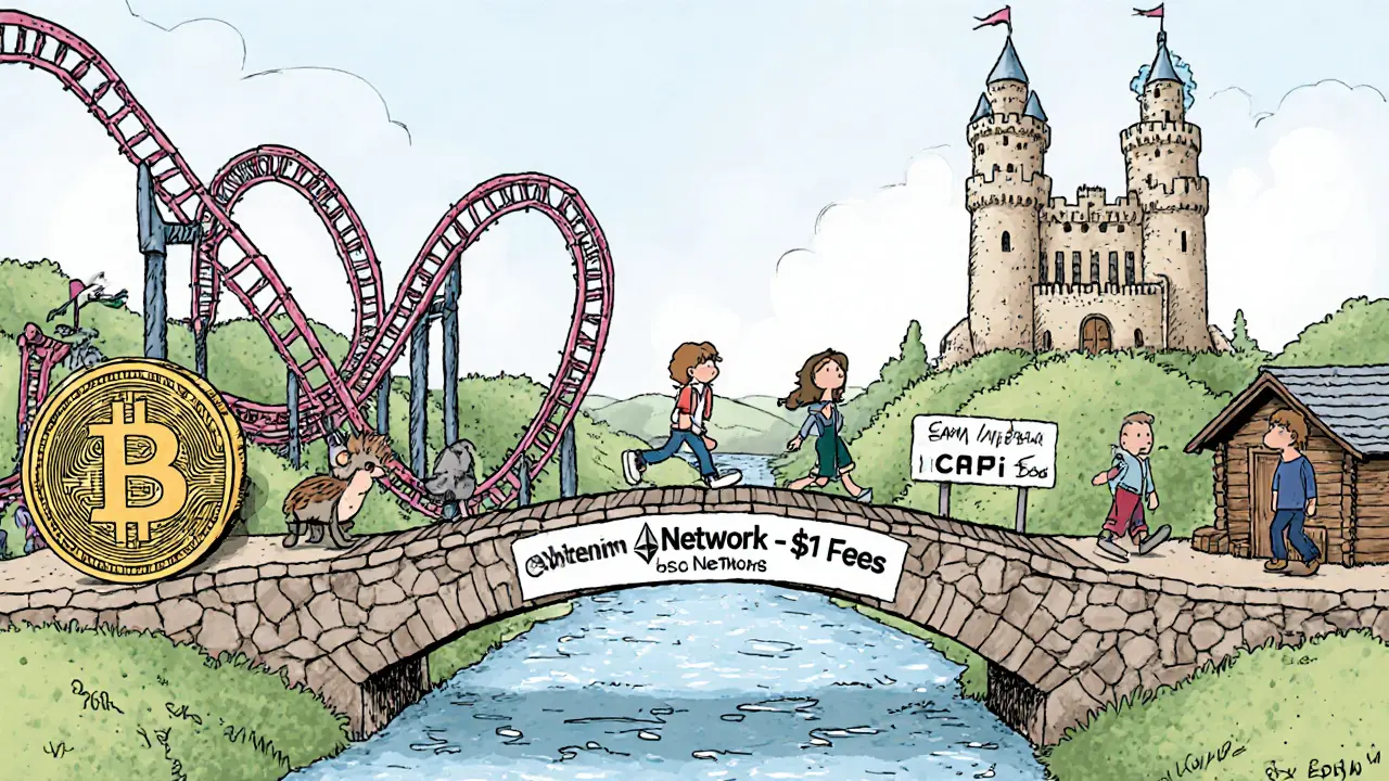 DeFi landscape with CADC as a stable bridge over volatile crypto rivers, illustrated in playful bande dessinée art.
