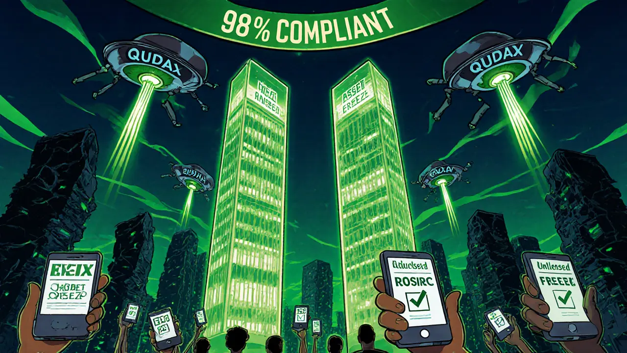 Future Nigerian city with only two licensed crypto towers glowing as unlicensed ones collapse