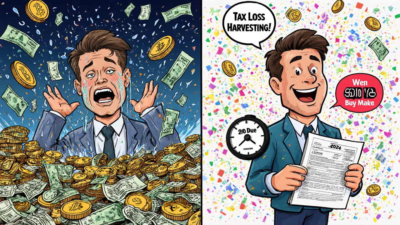 Investor comparing crypto crash losses in 2022 to tax savings in 2024 with a 24-hour timer.
