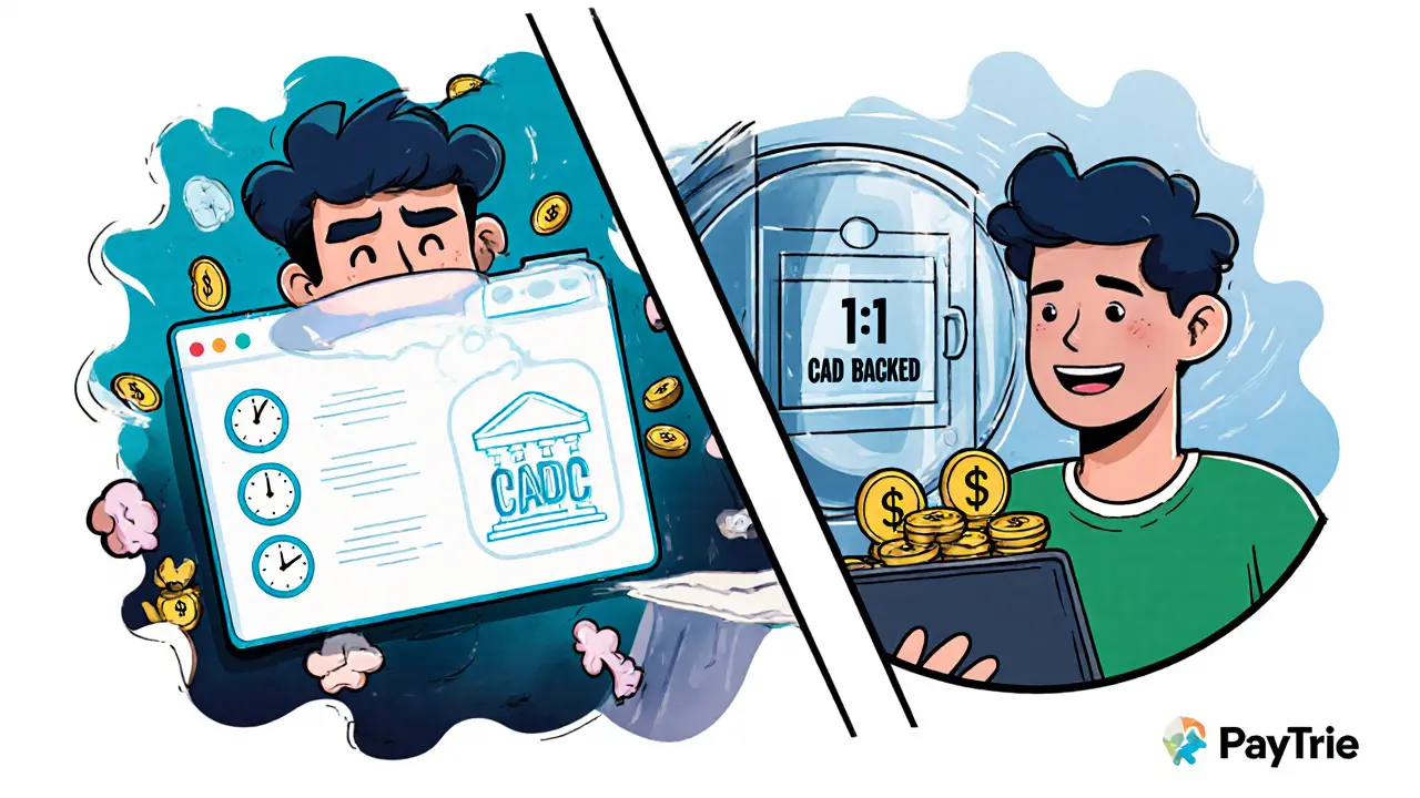 Split comic panel showing frustration with bank transfers vs. instant CADC exchange via PayTrie in vibrant cartoon style.