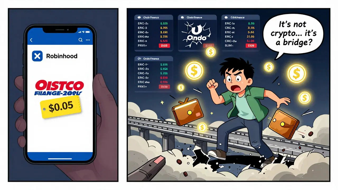 Split scene: calm stock buyer vs. overwhelmed crypto user surrounded by conflicting price screens and cracking Ondo logo.
