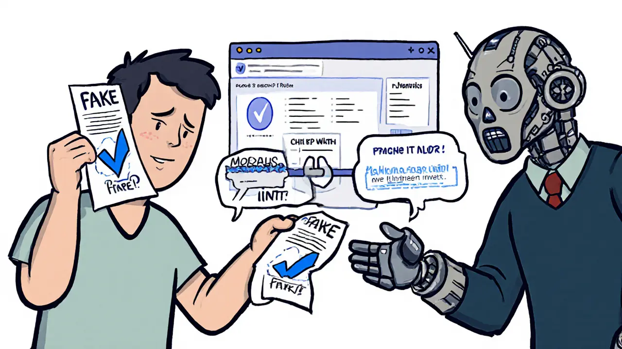 A buyer nearly tricked by a scammer, contrasted with a verified NFT on screen, while trusted tools like Moralis watch nearby.