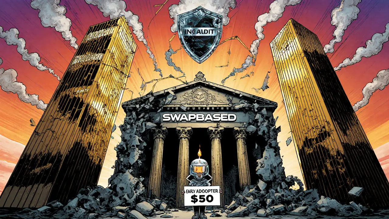 A crumbling SwapBased temple dwarfs a tiny &#039;Try &#039; sign, overshadowed by larger, thriving DEX skyscrapers.