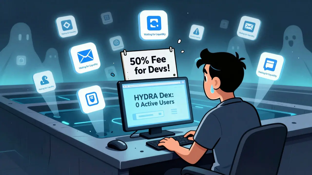 A developer surrounded by unused app icons sinking into empty liquidity pools, staring at a screen showing zero users.