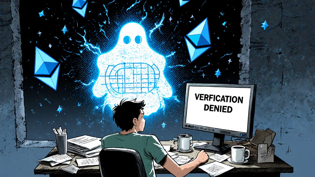 A frustrated developer surrounded by rejection notices, with a glowing zero-knowledge proof diagram floating behind them like a hopeful ghost.
