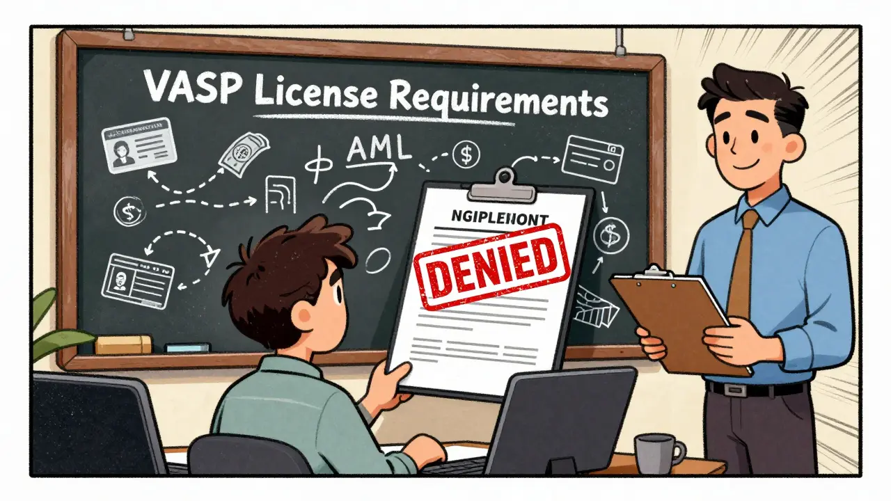 A startup owner faces a denied VASP license application with compliance charts on a chalkboard.