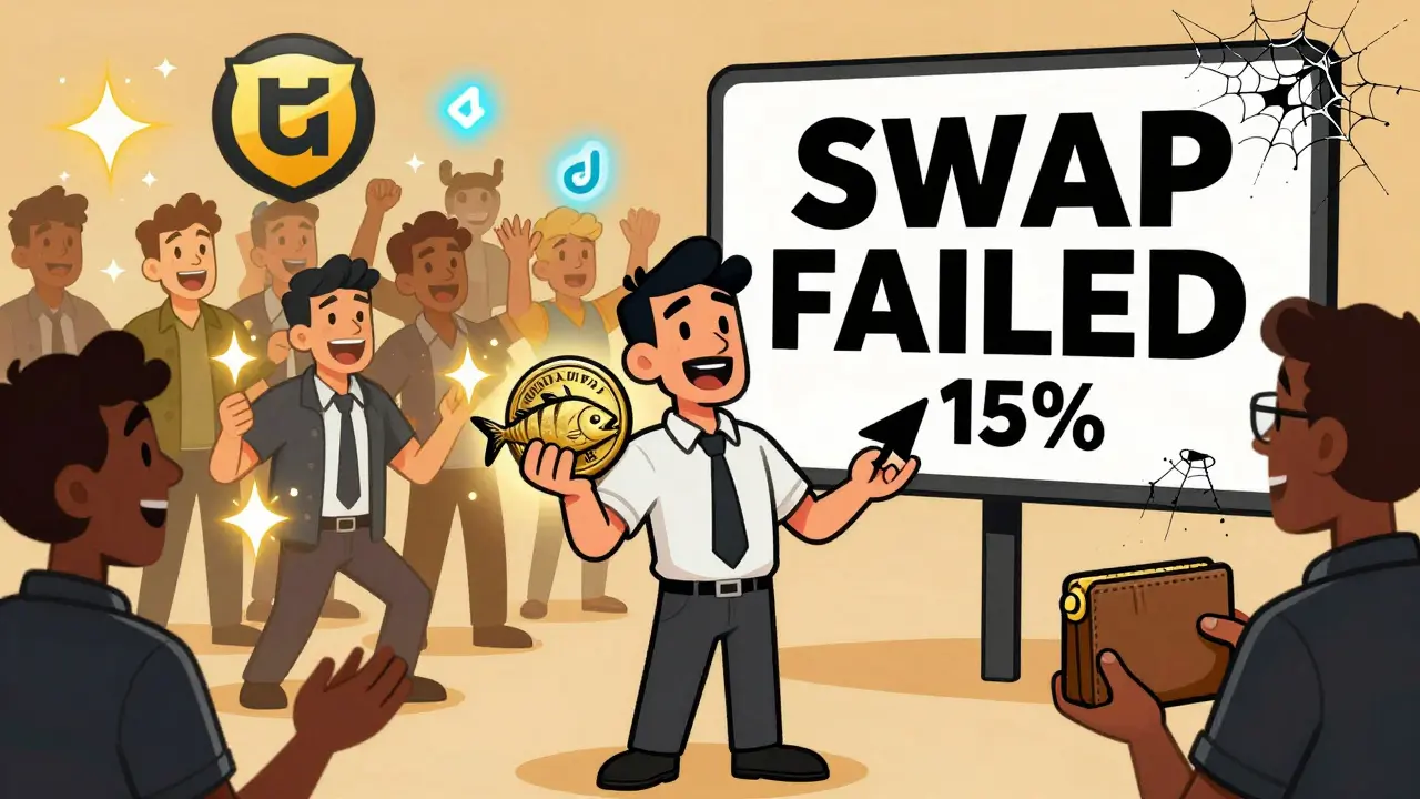 A trader holding a dead HYDRA token while a &#039;SWAP FAILED&#039; sign looms, contrasted with happy traders using popular DEXes.