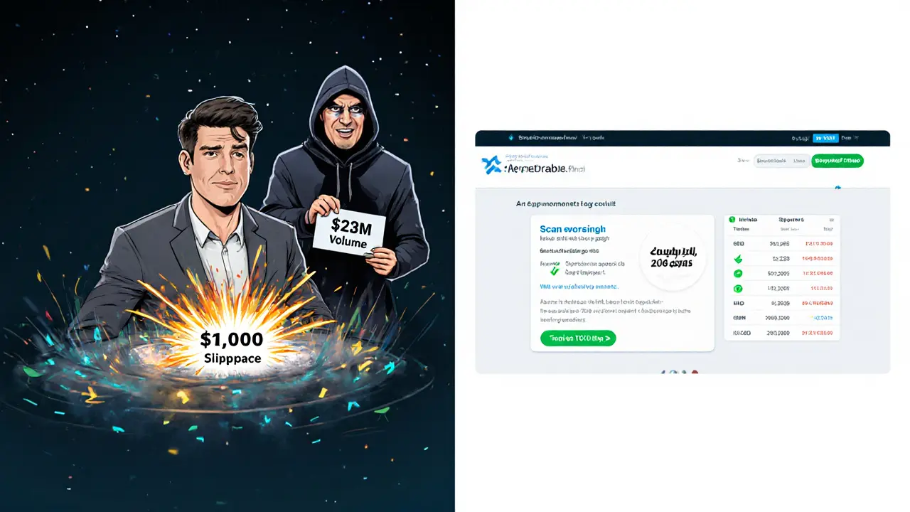 A trader loses 2.5% to slippage on a thin liquidity pool while a scammer holds a fake website nearby.