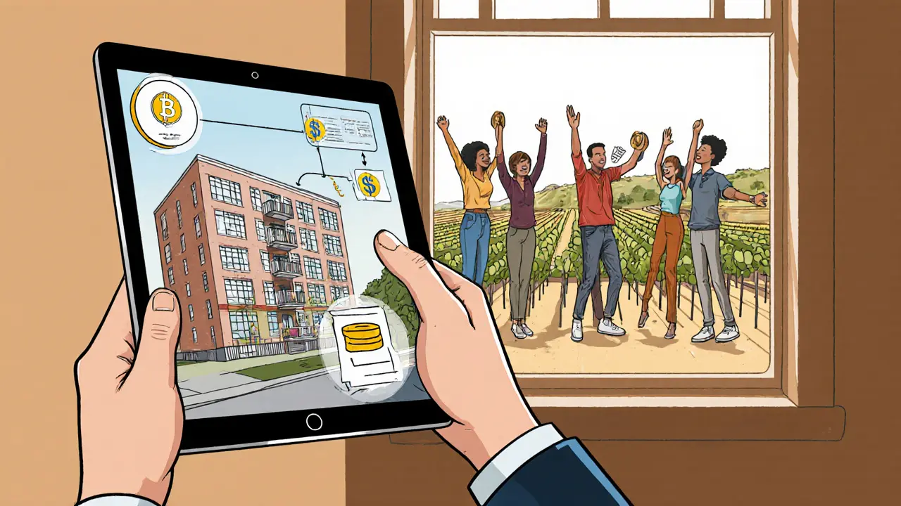 A user viewing a tokenized Manhattan apartment NFT with rental income overlays and blockchain verification, while others celebrate vineyard ownership.