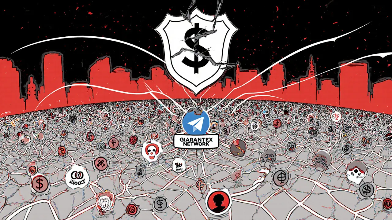 A vast invisible network of Telegram groups connects global crypto flows, with criminal symbols woven into the web.