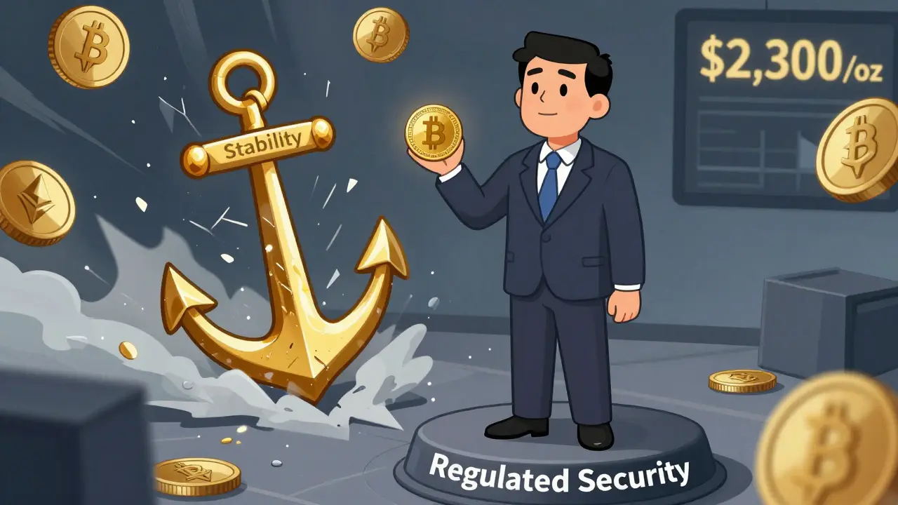 An investor standing calm amid chaotic crypto coins, anchored by a golden DIGAU token labeled &#039;Stability&#039;.