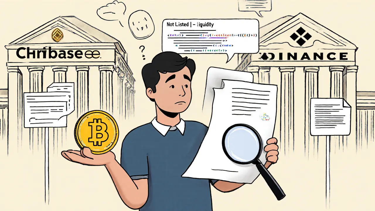 An investor stares at a blank whitepaper while empty exchanges loom behind them, with useless code floating in the air.