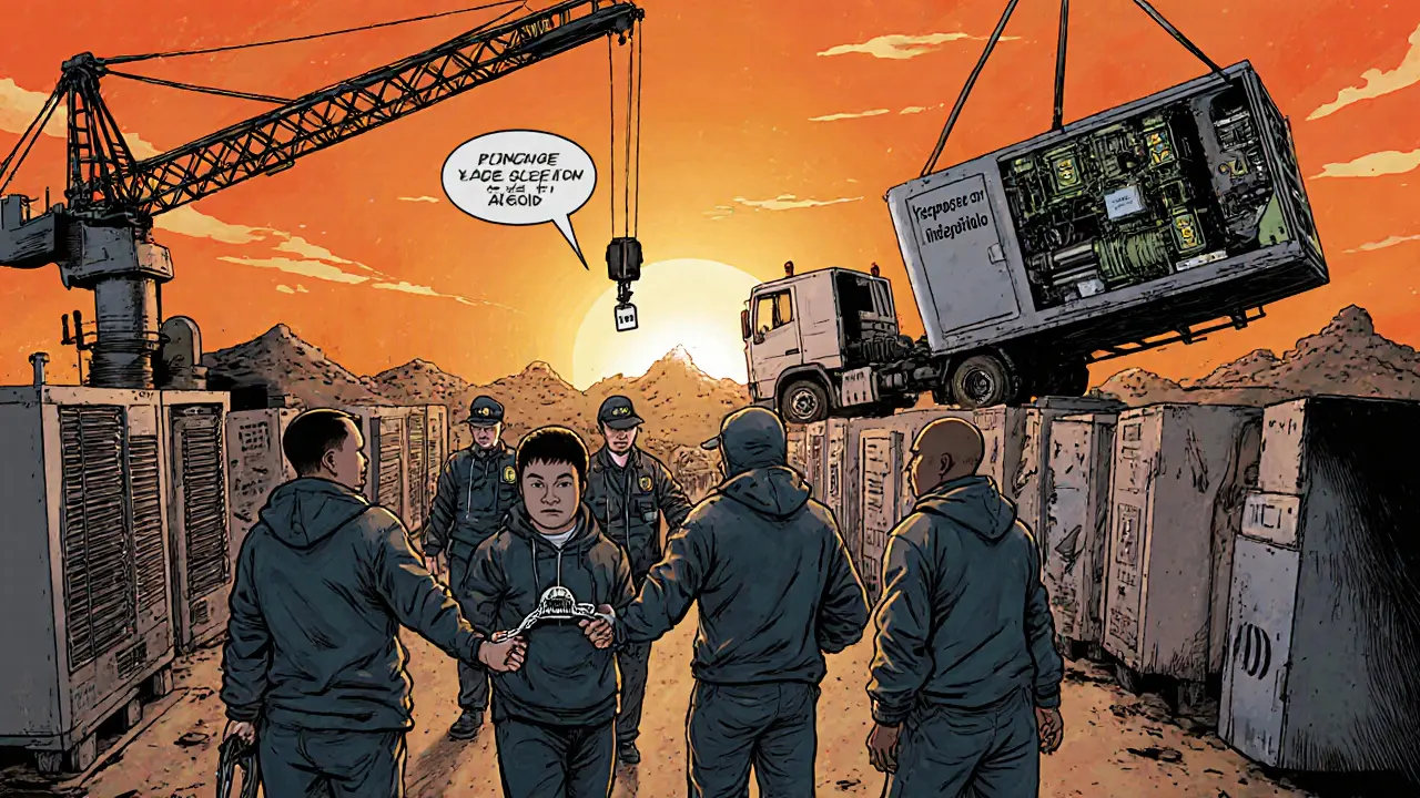 Angolan police and Interpol raid a hidden crypto mining farm, seizing rigs as miners are arrested and equipment is loaded for repurposing.